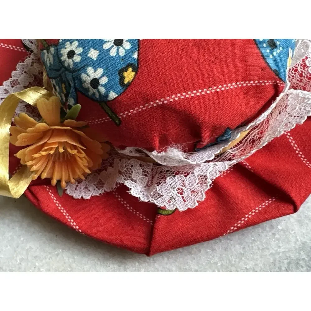 red hat Pin Needle Cushion vintage lacy brim flower sewing Accessories 6” X 6”